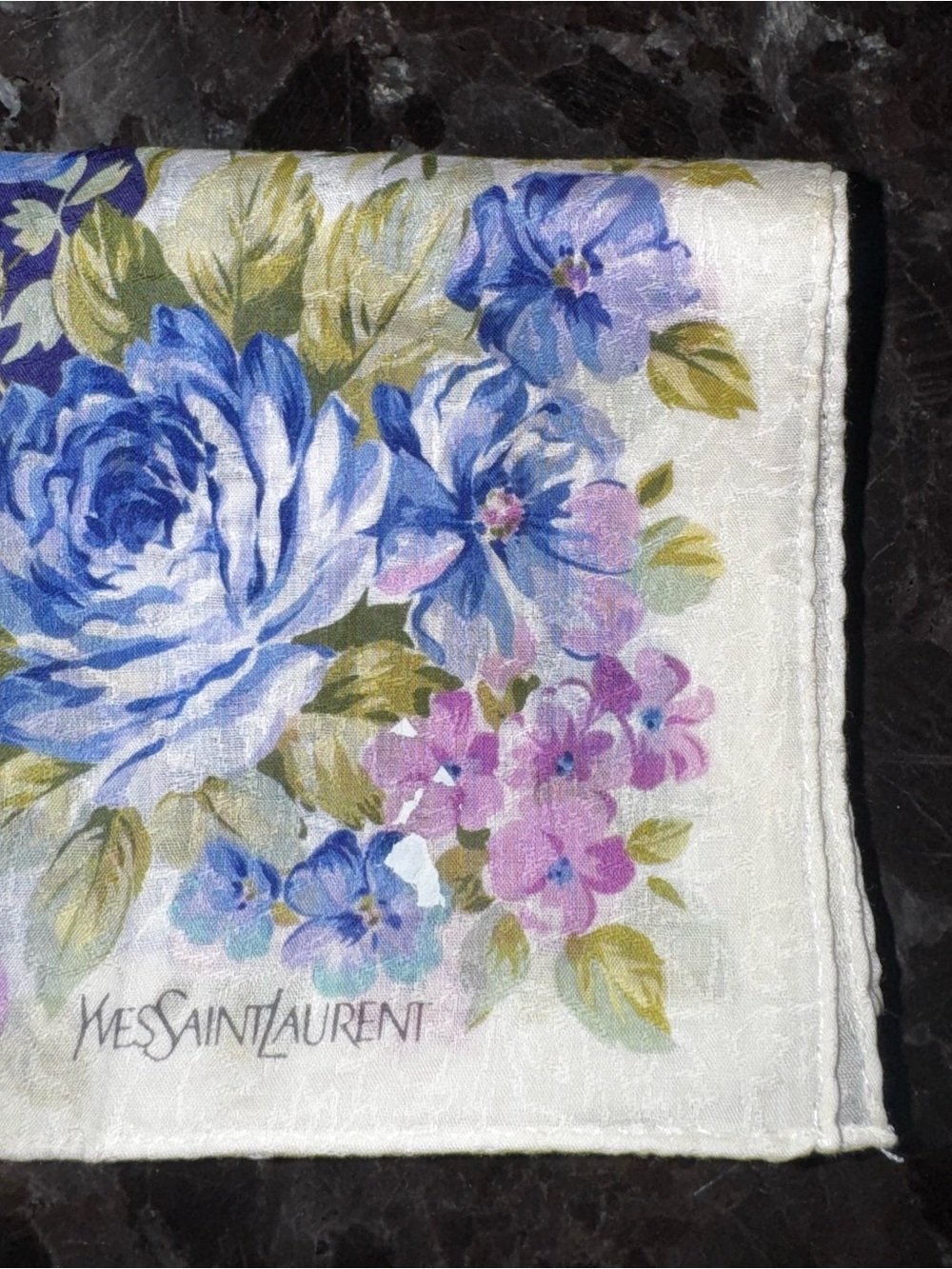 Authentic Yves Saint Laurent Blue and Pink Floral Silk Scarf
